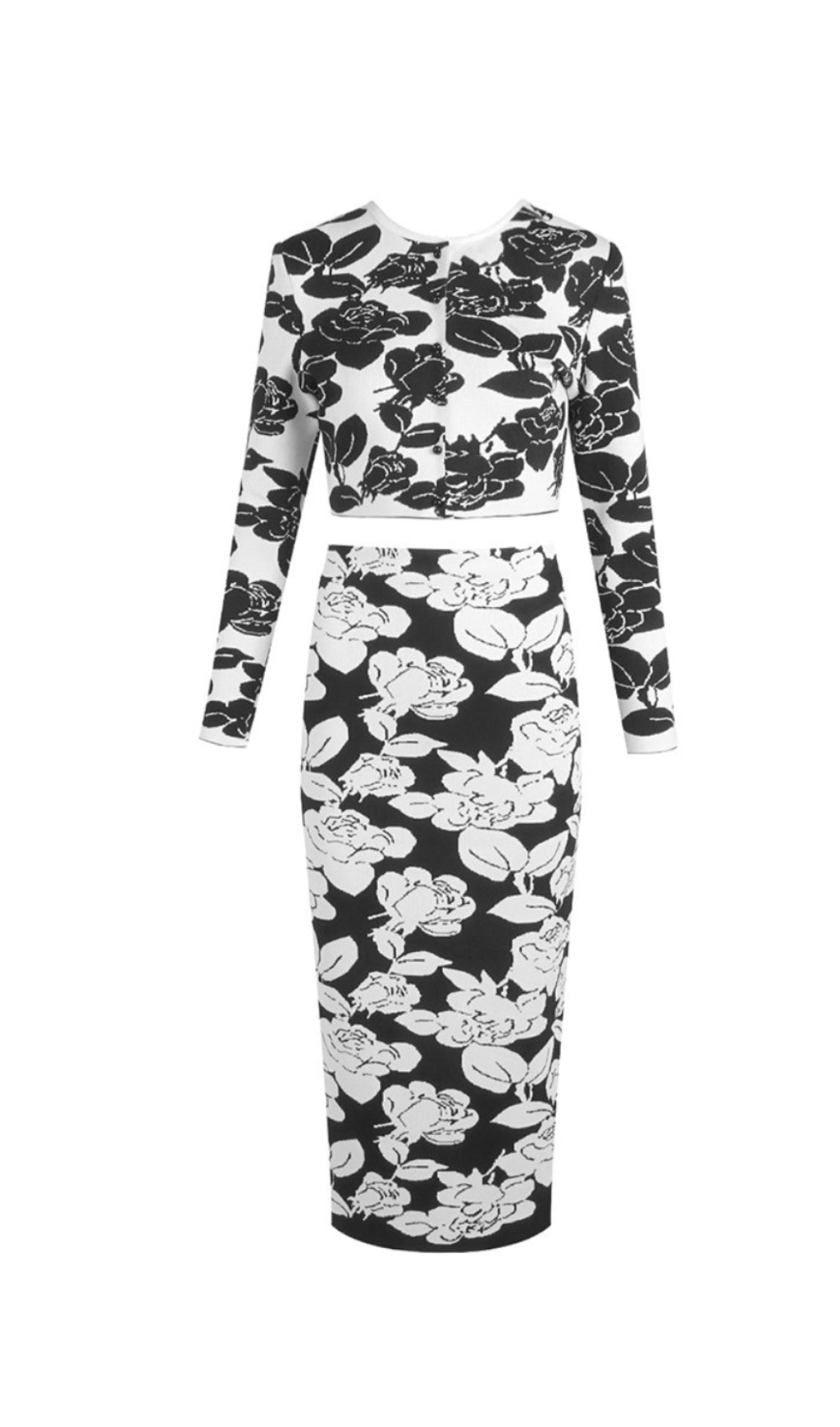 KNIT FLORAL JACQUARD MIDI PENCIL CARDIGAN SKIRT SET