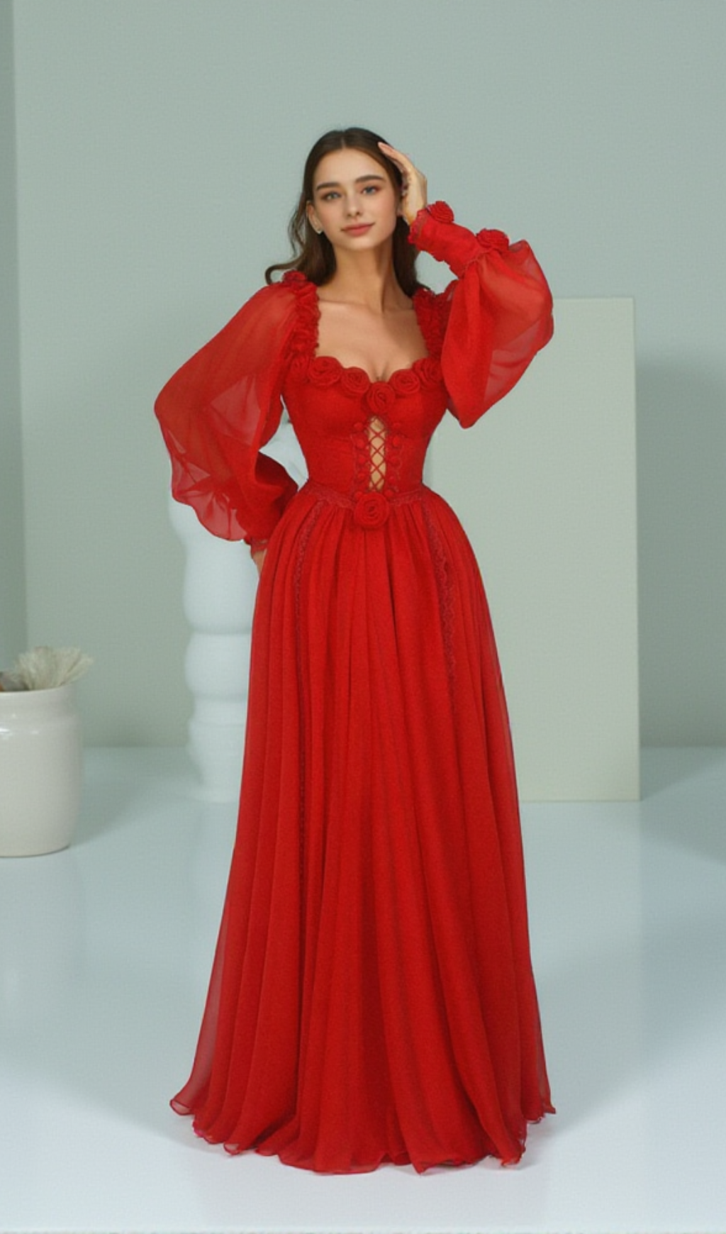 CHIFFON 3D FLOWER LONG SLEEVE MIDI DRESS IN RED