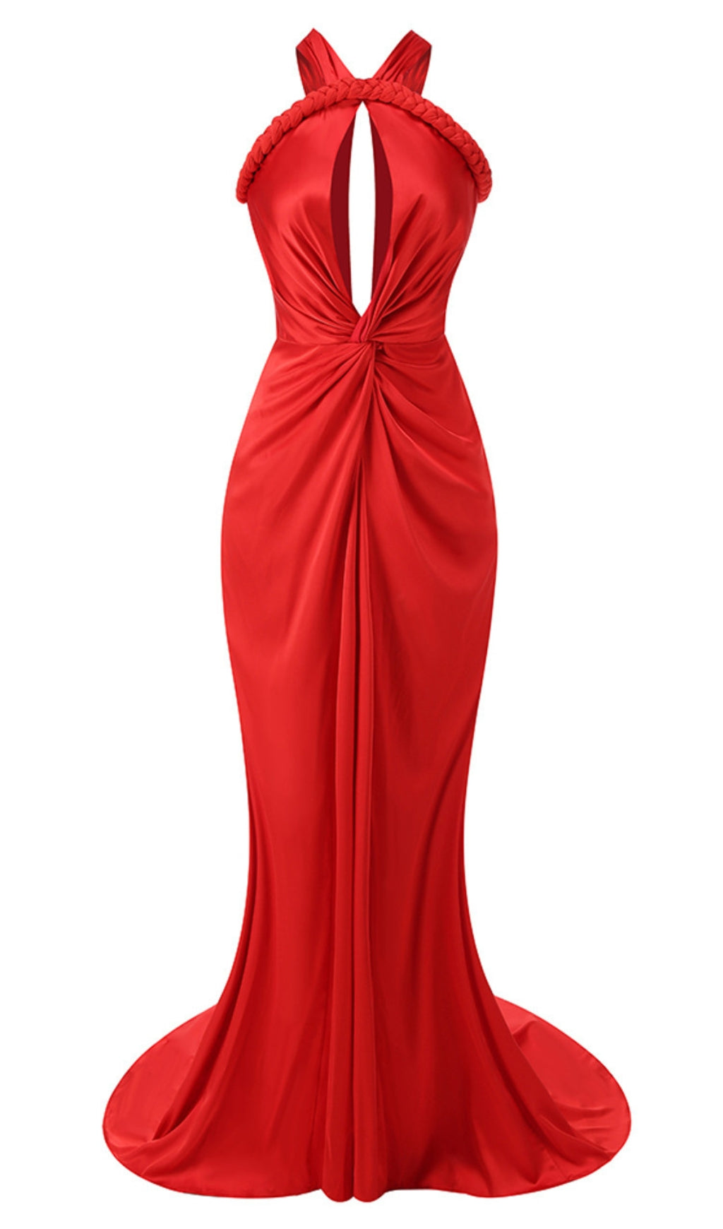 HALTER BRAIDED DRAPED MAXI DRESS RED