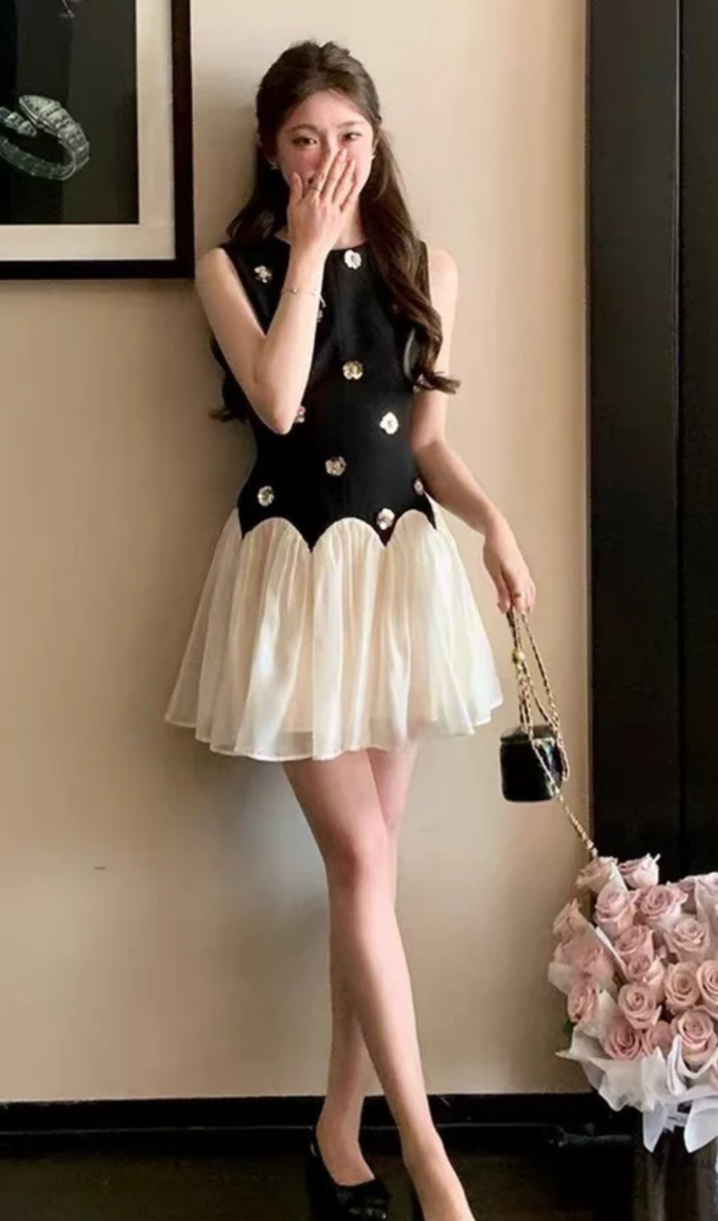 STEREOSCOPIC FLOWER SLEEVELESS MESH MINI DRESS