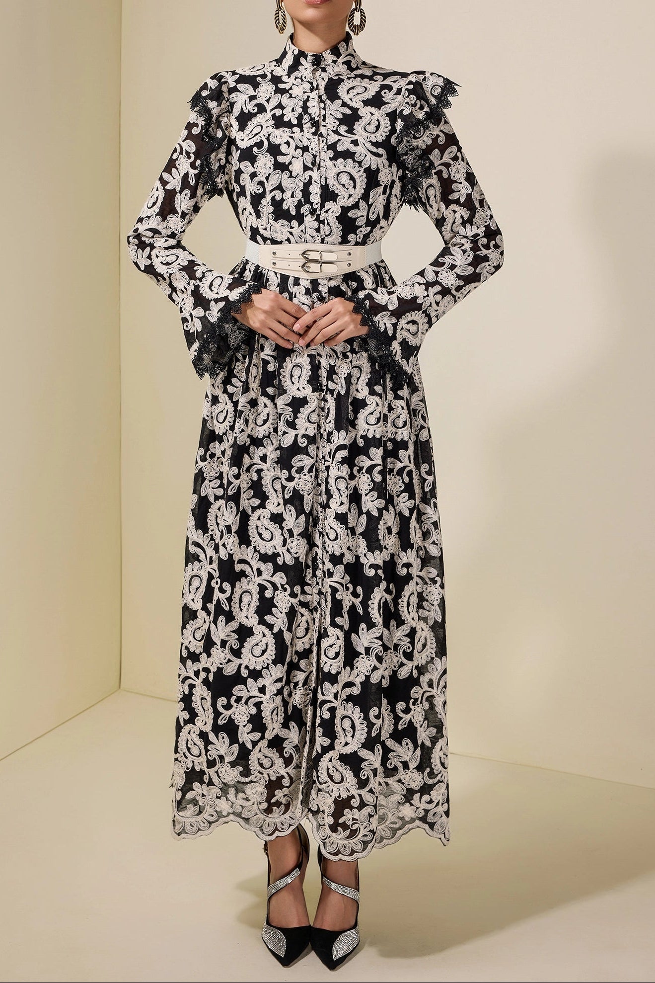 Alma Chiffon Embroidered Single Breasted Midi Dress with Belt - Black