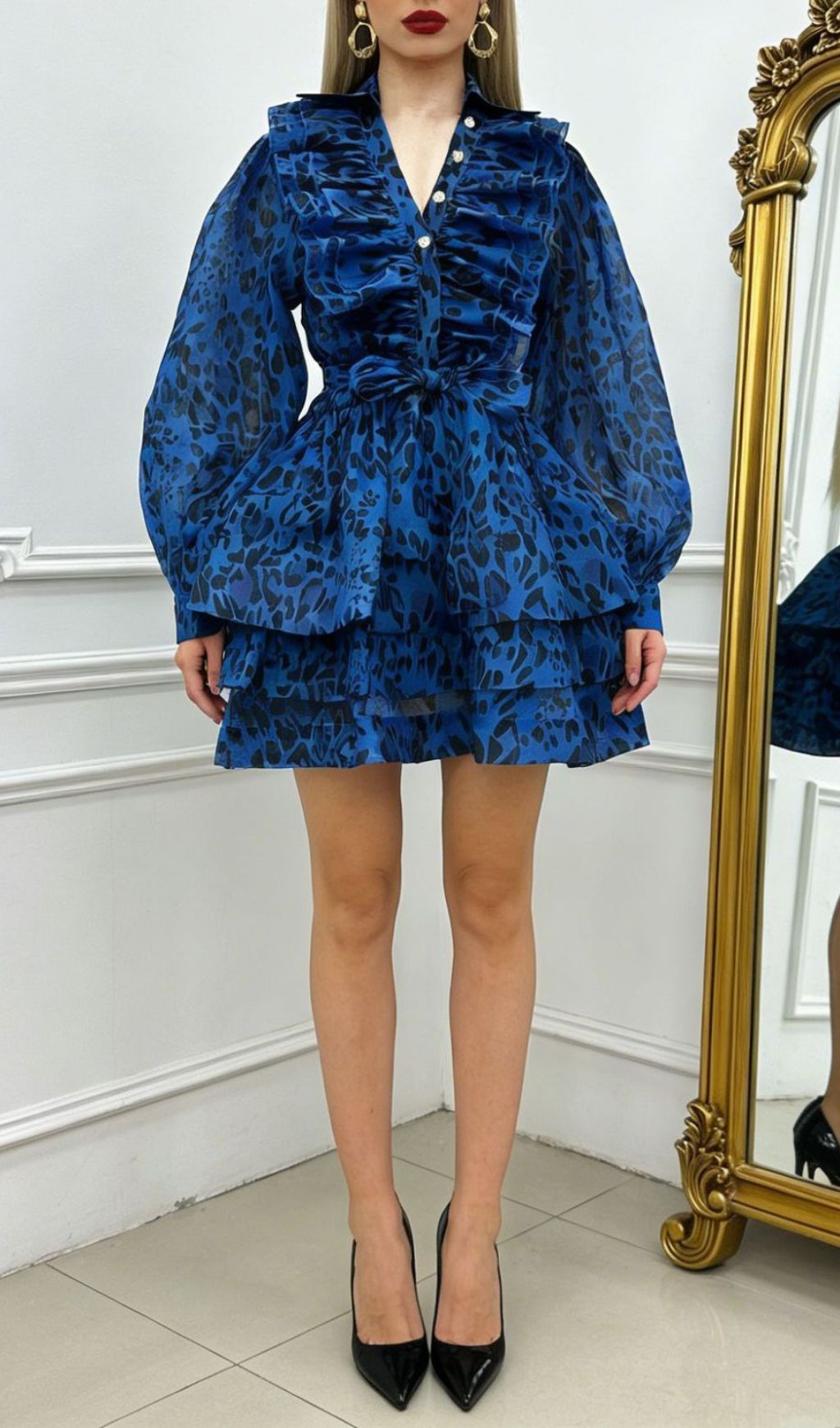 AIIZIE Jennica Electric Blue Leopard Print Ruffle Mini Dress with Tie-Waist - product image