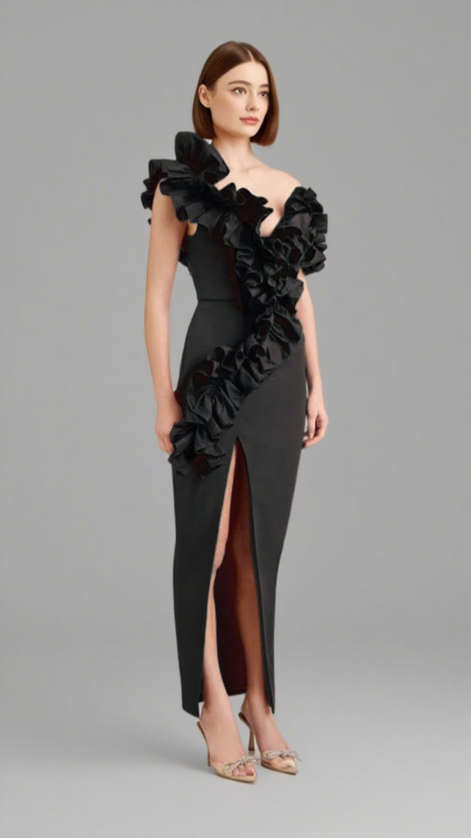 AIIZIE ONE - SHOULDER RUFFLE - TRIMMED SLIT MIDI DRESS IN BLACK - product image