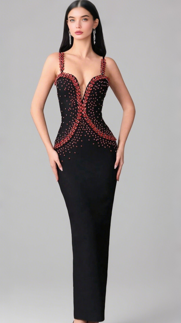 Schwarzes Spaghettiträger-Meerjungfrau-Midikleid mit rotem Strass