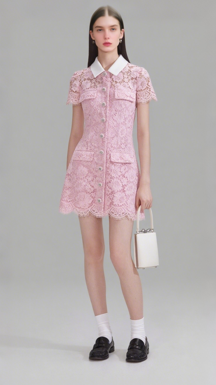 PINK LACE COLLARED MINI DRESS