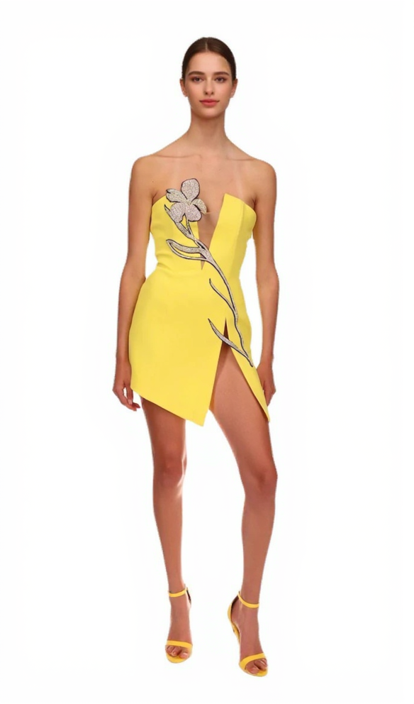 Tüll Mesh Blume heißes Diamantkleid schwerer Schlitz sexy Minikleid