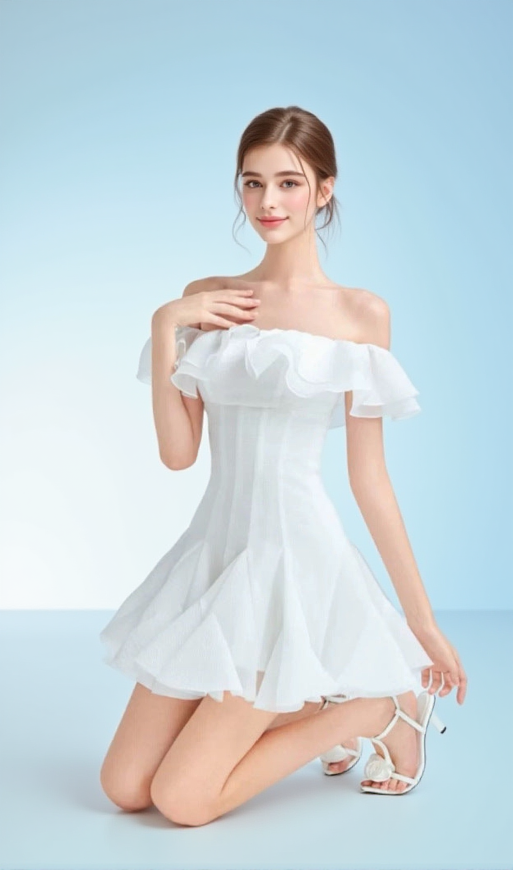 Stephanie – Schulterfreies Minikleid mit Rüschenbesatz in Weiß