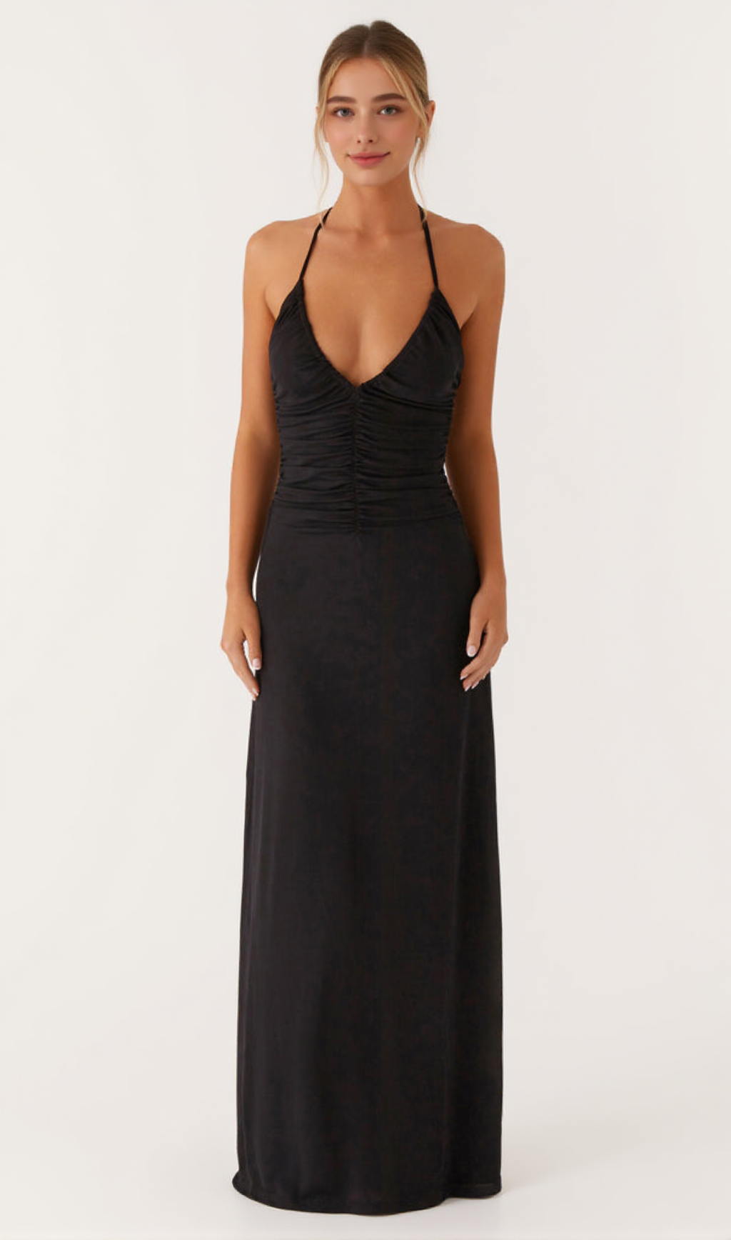 V-NECKLINE PLEATED BODYCON MAXI DRESS IN BLACK