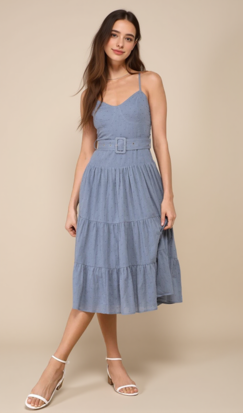 slate blue swiss dot bustier tiered midi dress