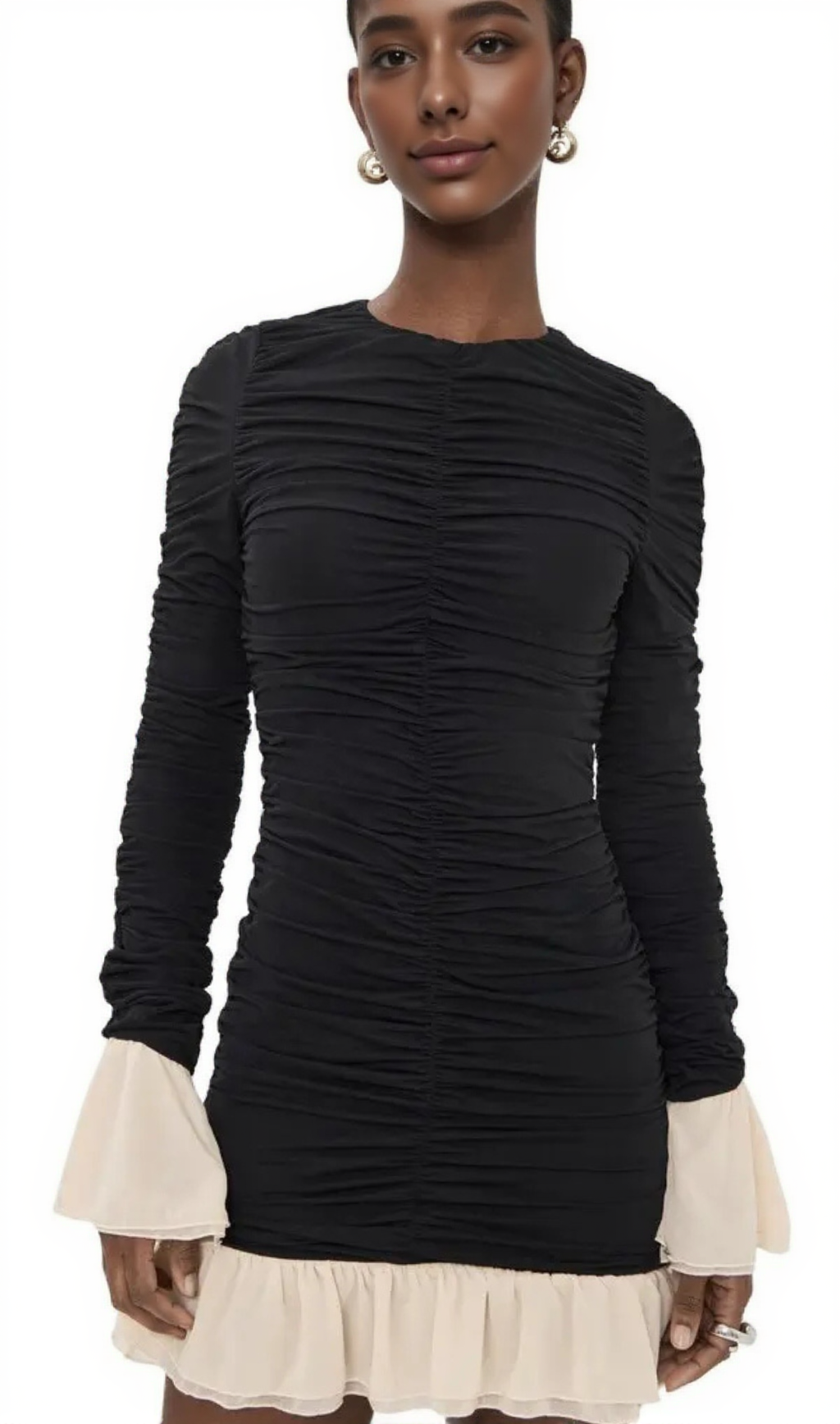 ruched long-sleeve mini dress in black