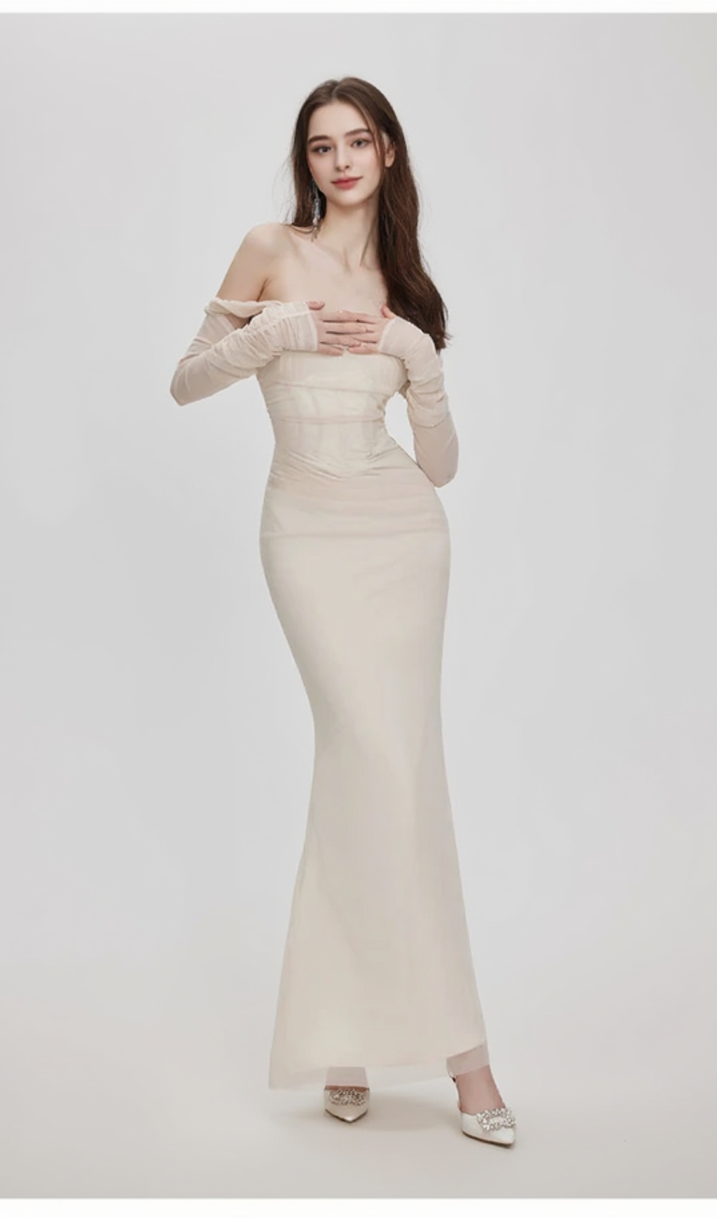 ARIEL APRICOT MESH OFF-SHOULDER MERMAID MAXI DRESS