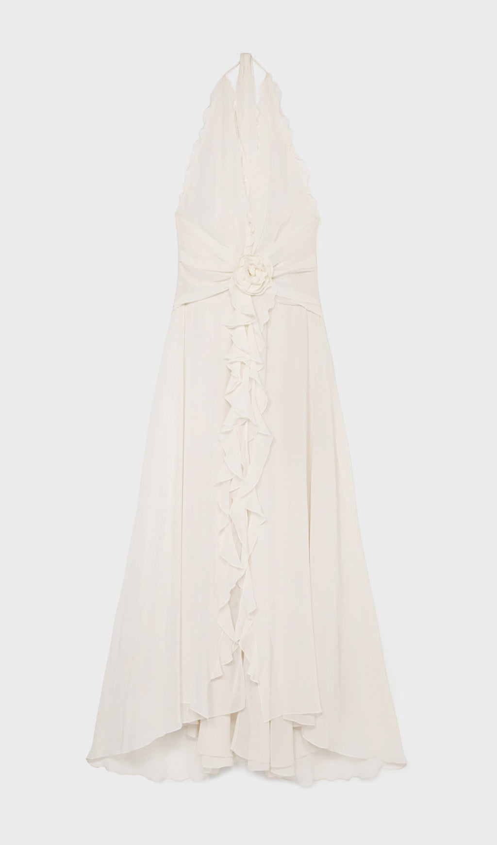 AONAVER FLORAL RUFFLE HALTER MAXI DRESS IN WHITE