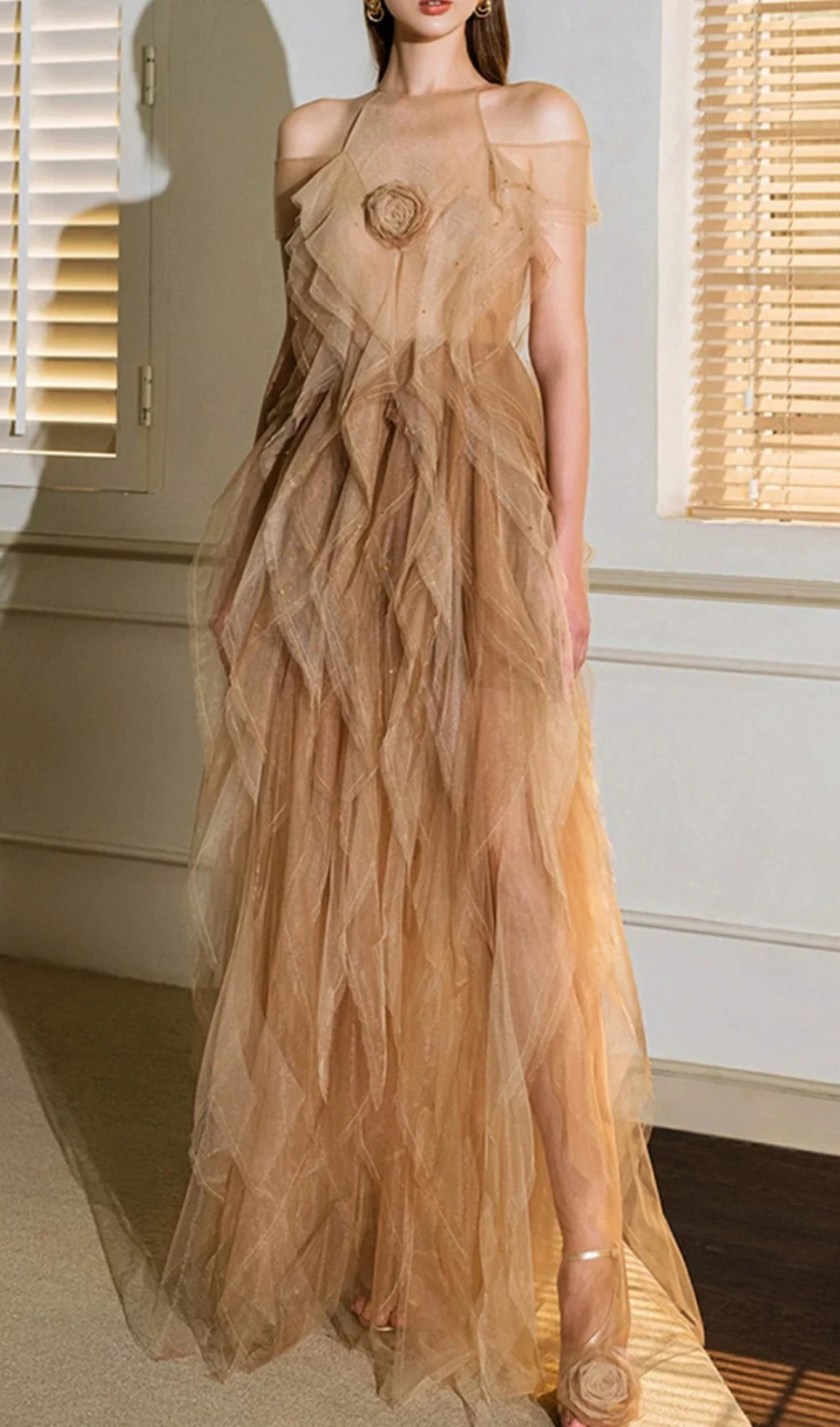 VALERIE FLORAL RUFFLED TULLE MAXI DRESS IN APRICOT