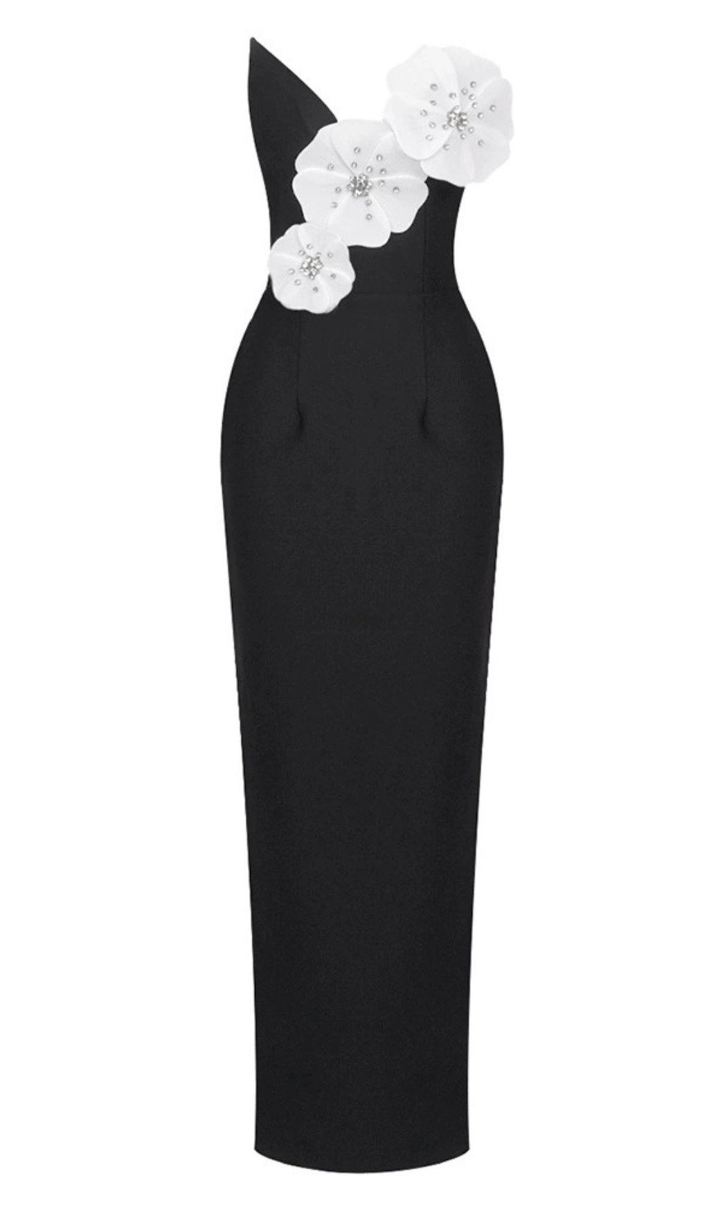 Weißes, mit Blumen verziertes Maxikleid in Schwarz