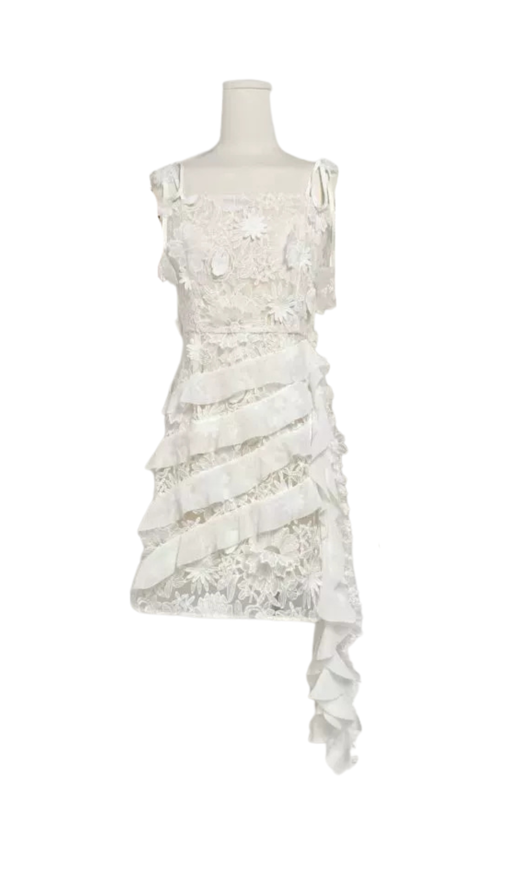 3D FLORAL-EMBELLISHED LACE STRAPPY MINI DRESS IN WHITE