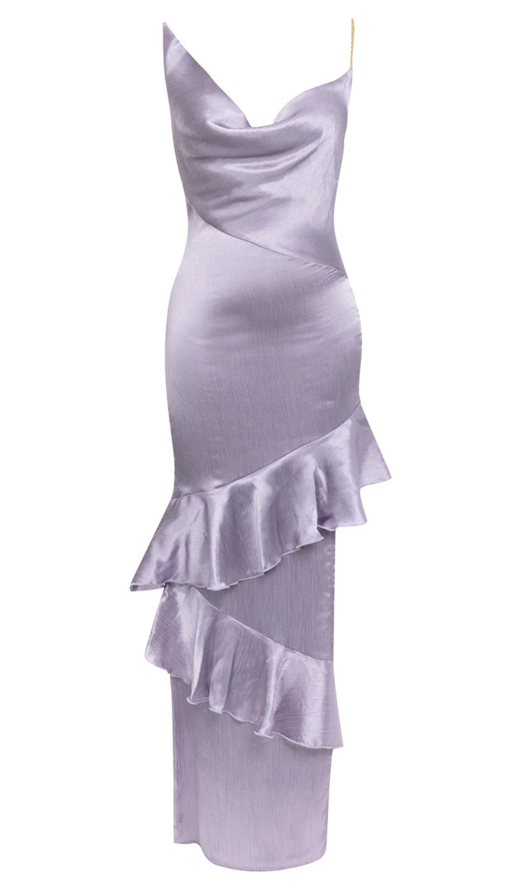 LILAC RUFFLE TRIM ASYMMETRICAL HEM SATIN MIDI DRESS