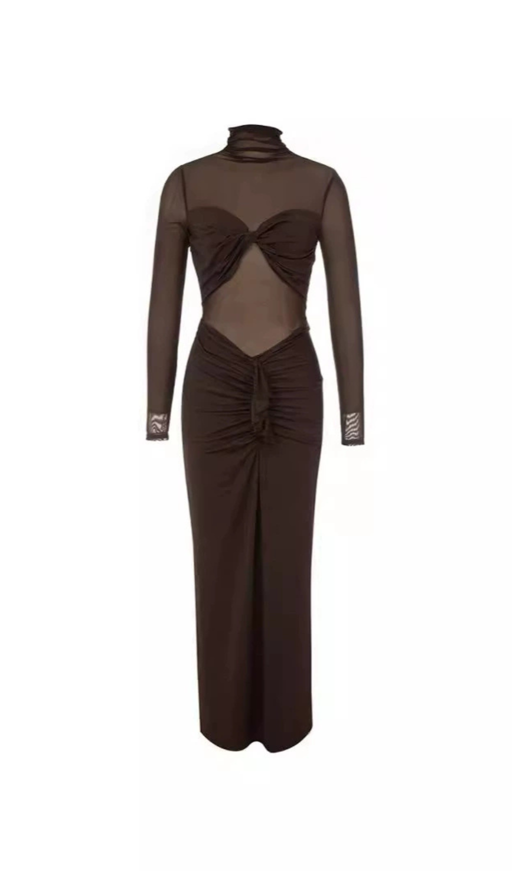SHEER RUCHED MAXI DRESS IN BROWN