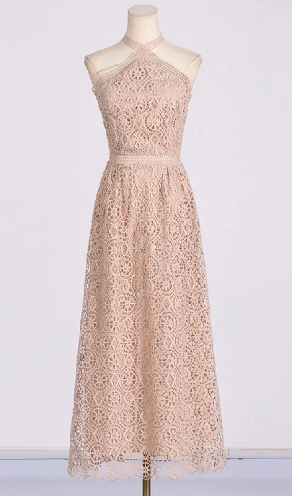 MACRAMÉ HALTERNECK COTTON-BLEND MIDI DRESS IN NUDE