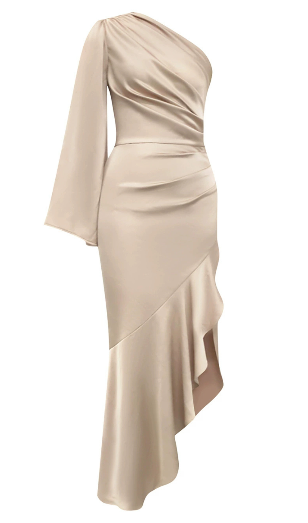 GOLD ONE-SHOULDER RUFFLE ASYMMETRICAL HEM DRESS