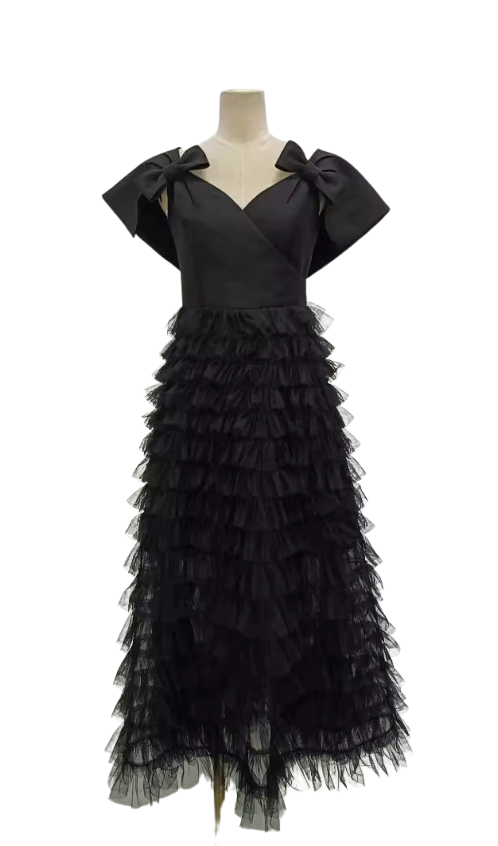 V NECK MESH RUFFLES PATCHWORK BOWKNOT MIDI DRESS