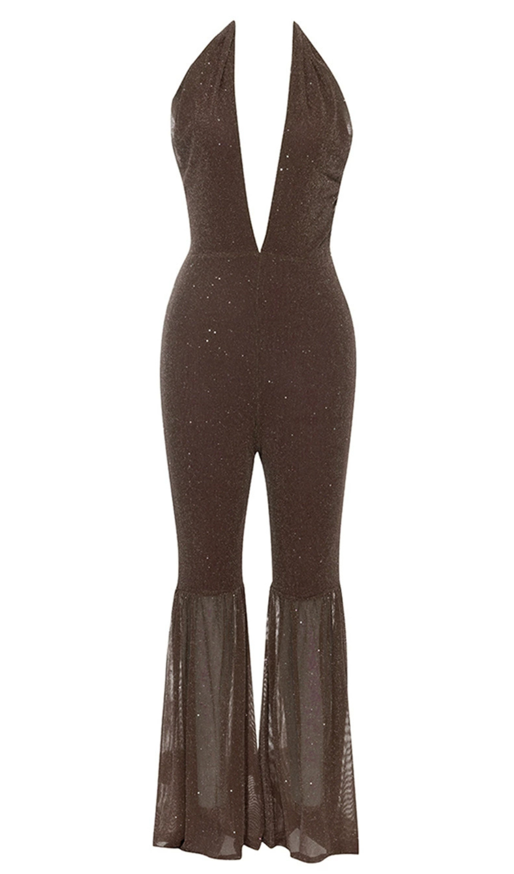 Rückenfreier Jumpsuit mit ausgestelltem Bein und Neckholder in Braun