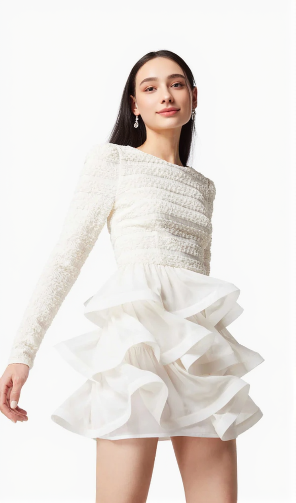 RUFFLE TRIM LONG SLEEVED MINI DRESS IN WHITE