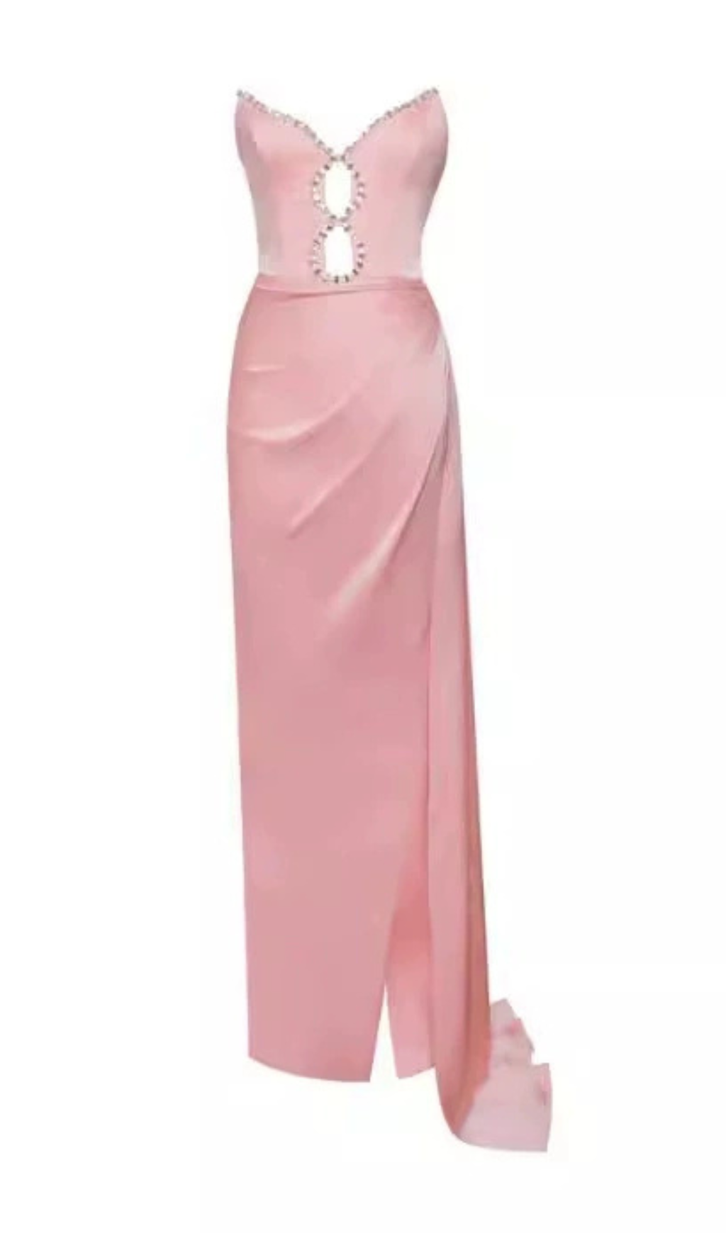 ROSA SATINKLEID MIT HOHEM SCHLITZ UND KRISTALLVERZIERUNG