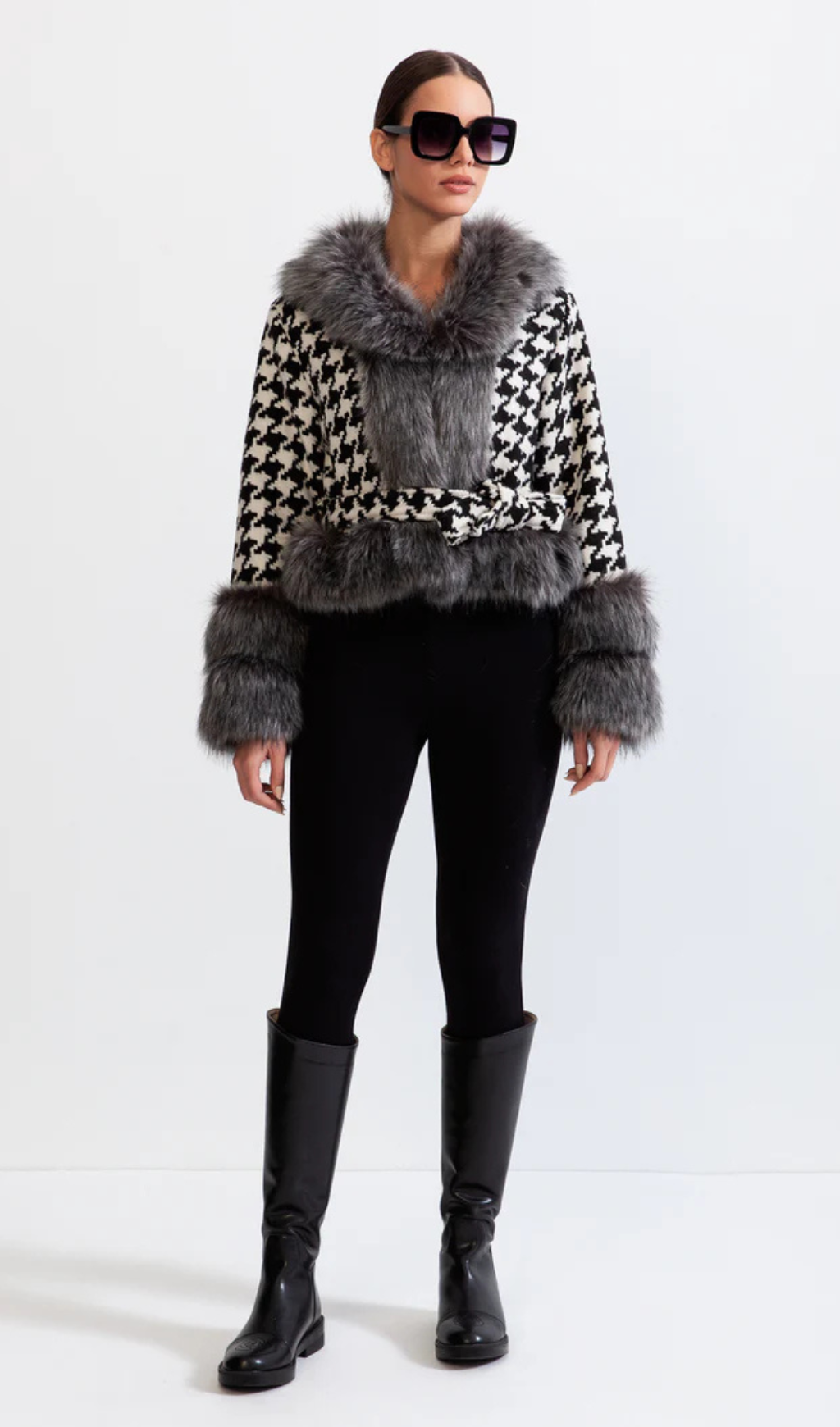 HOUNDSTOOTH WOOL BELTED COAT WITH FUR