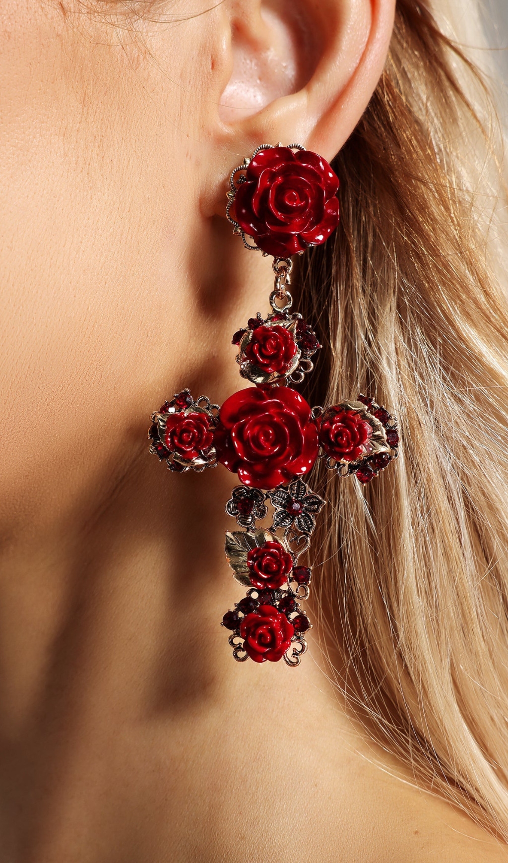 MARY FLOWER CROSS EARRINGS