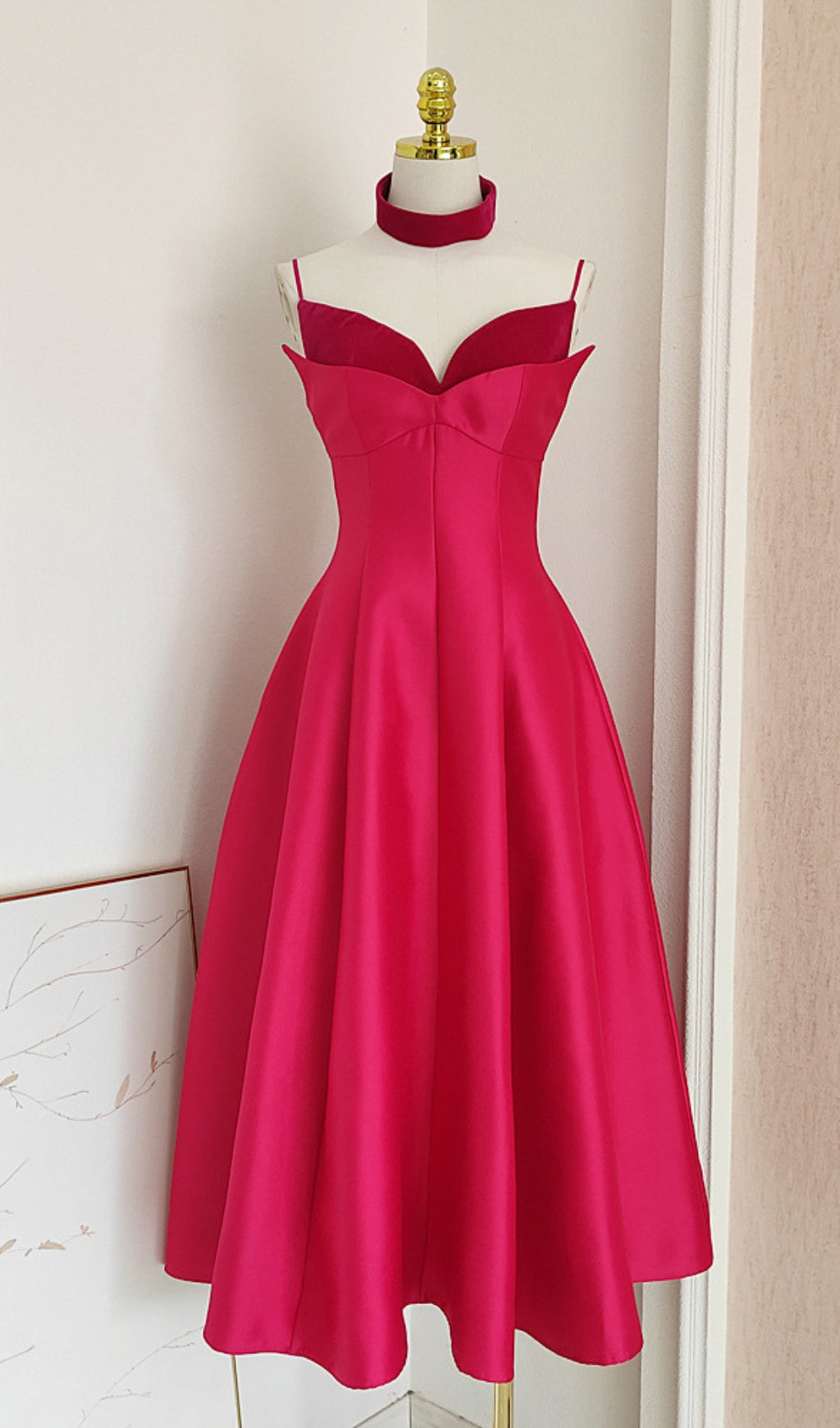 Patchwork-Midikleid in Rosenrot