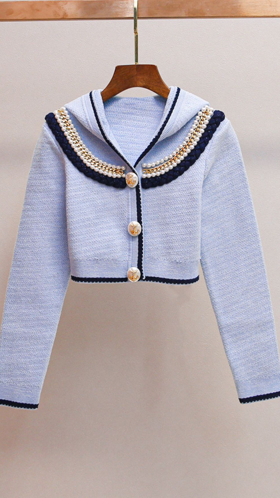HUMANA BLUE BEADED CARDIGAN | CHIC NAUTICAL KNIT WITH PEARL & ANCHOR DETAILS