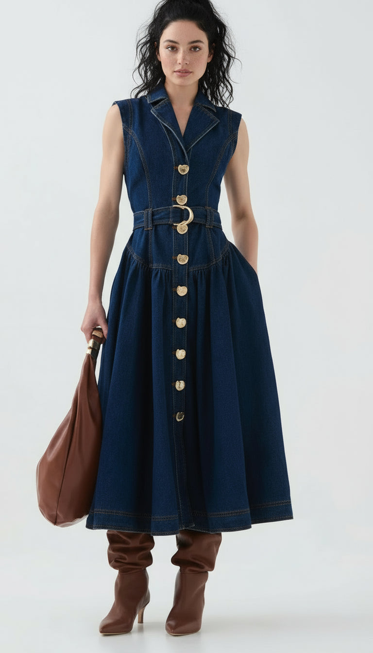IONE SLEEVELESS BUTTON-FRONT DENIM MIDI DRESS | CHIC & BELTED STYLE