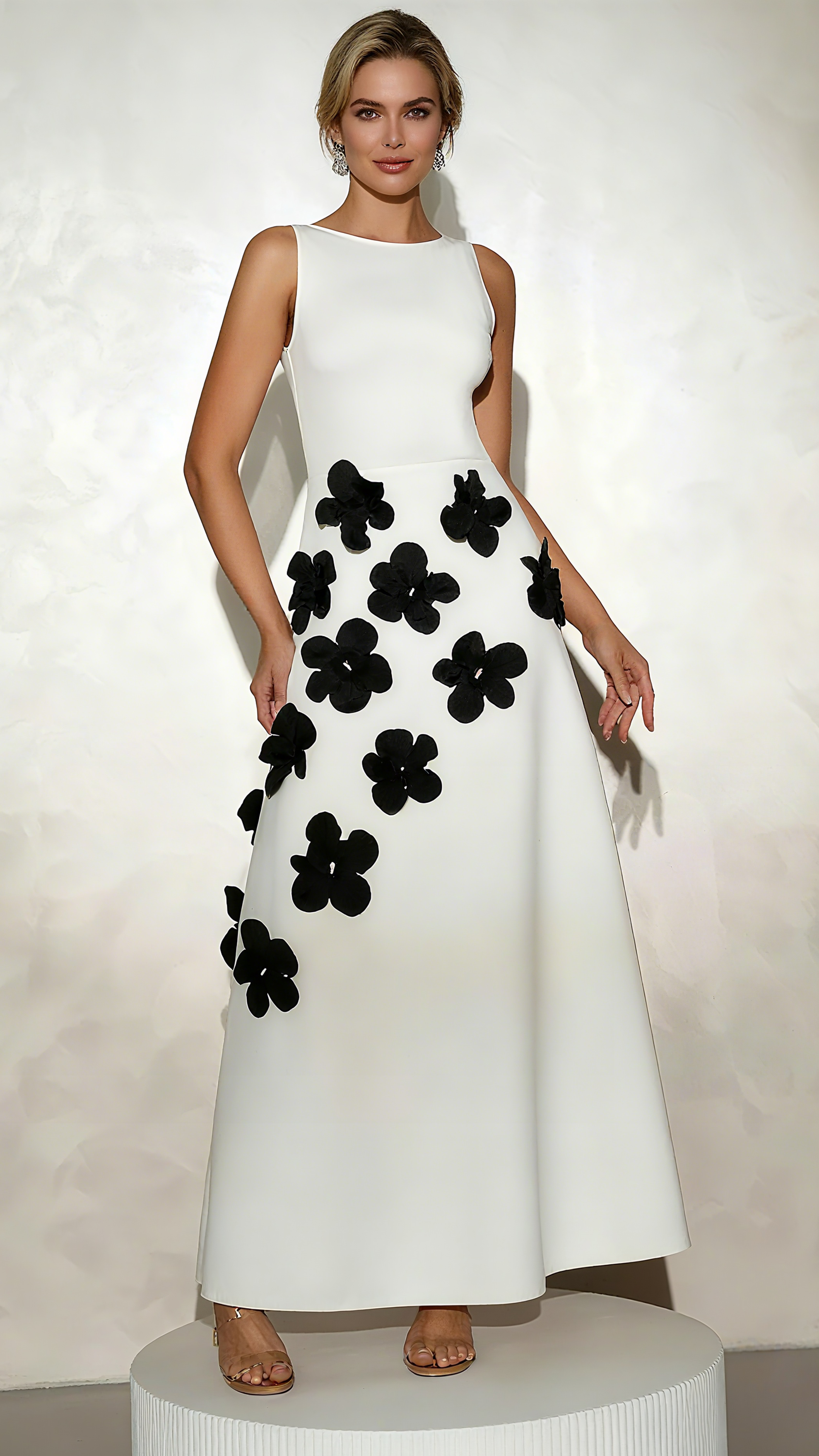 MARCIA 3D FLOWER A-LINE MAXI DRESS IN WHITE