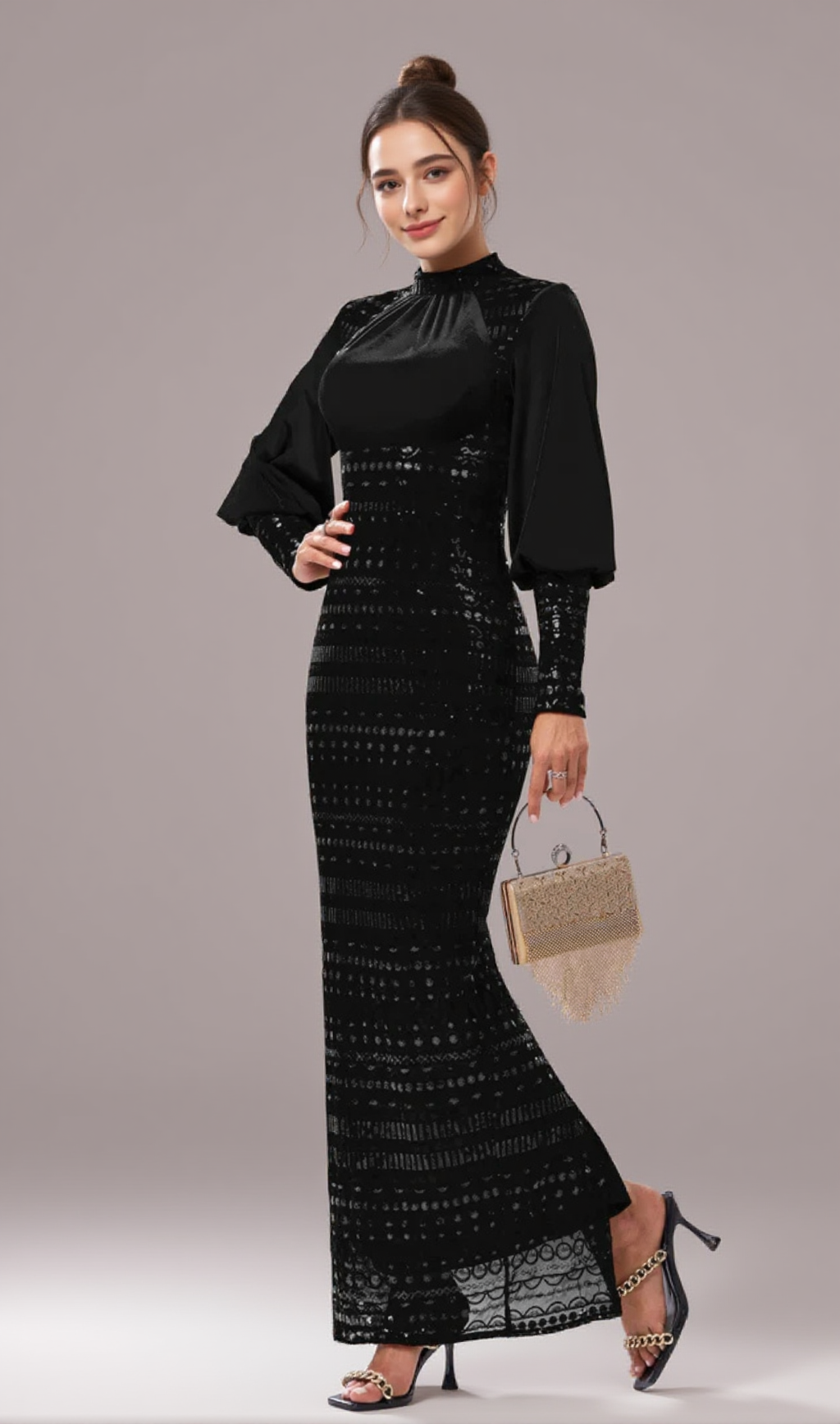 BEATRICE SEQUIN LONG SLEEVE MAXI DRESS IN BLACK