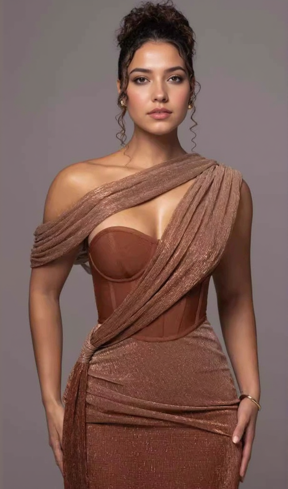 Drapiertes, glitzerndes, braunes Korsett-Maxikleid mit offener Rückseite und einer Schulter