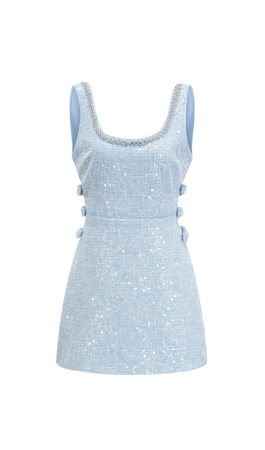 BLAUES BOUCLE-MINIKLEID MIT AUSSCHNITT