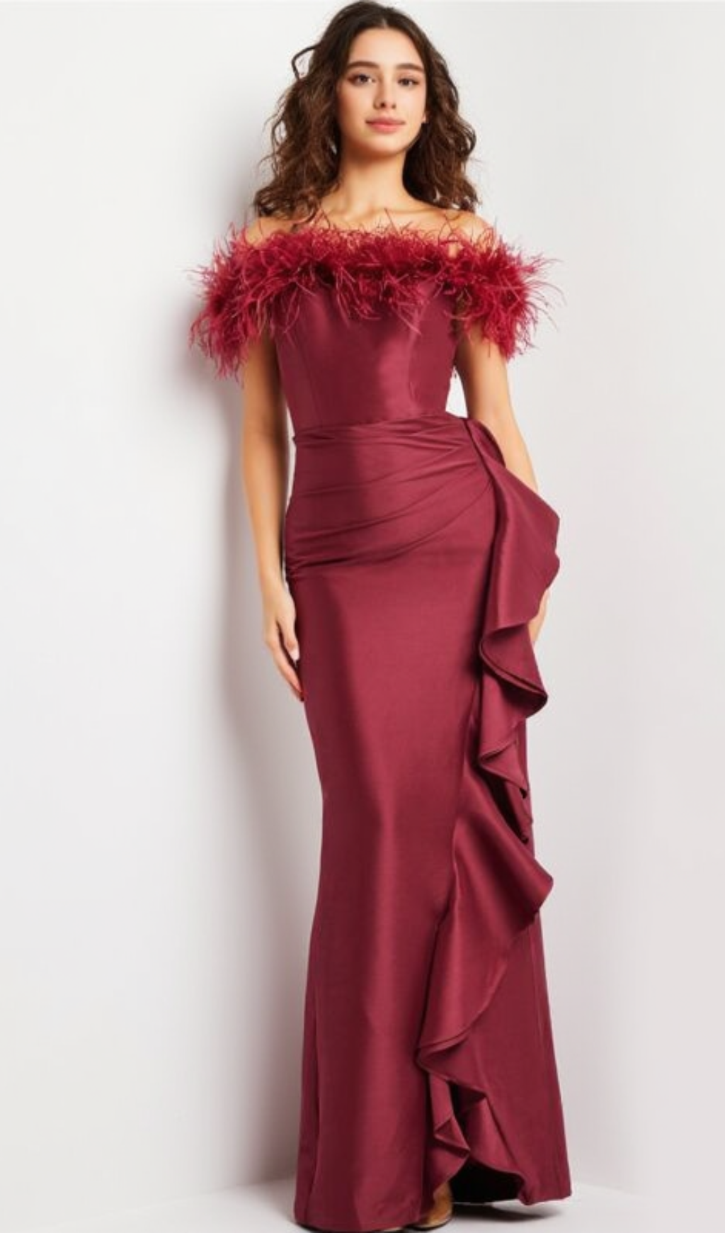 DRAPED SHEATH FEATHER DETAIL MAXI DRESS IN RED