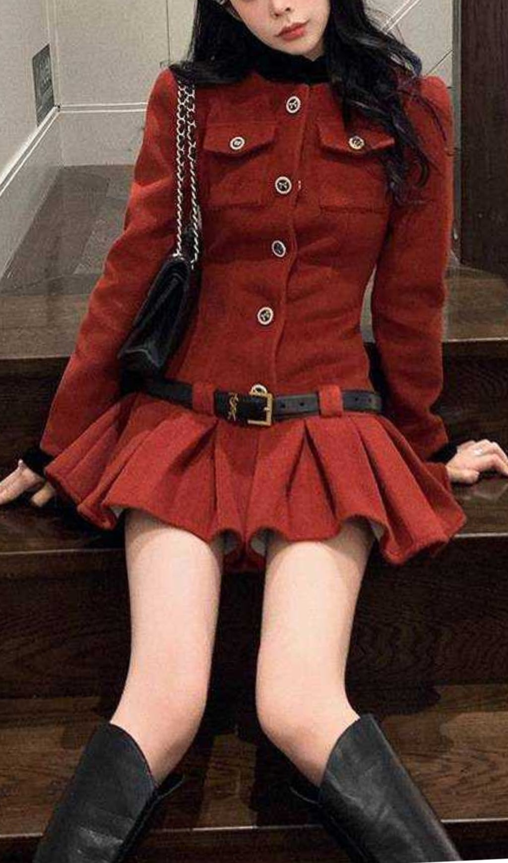 AIIZIE LONG SLEEVES ULTRA SHORT PLEATED DRESS IN BURGUNDY - product image