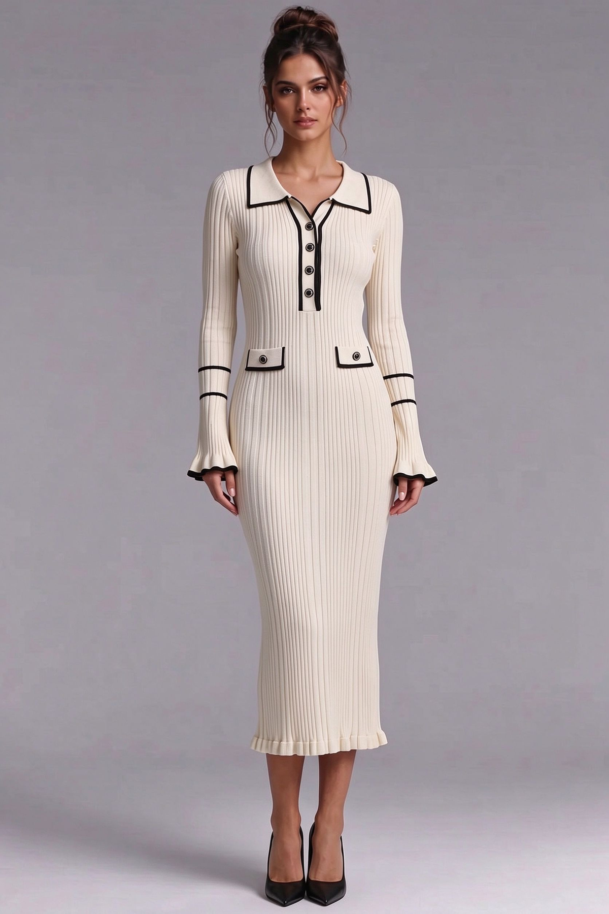 Cream Ribbed Knit Column Dress with Black Contrast Trim