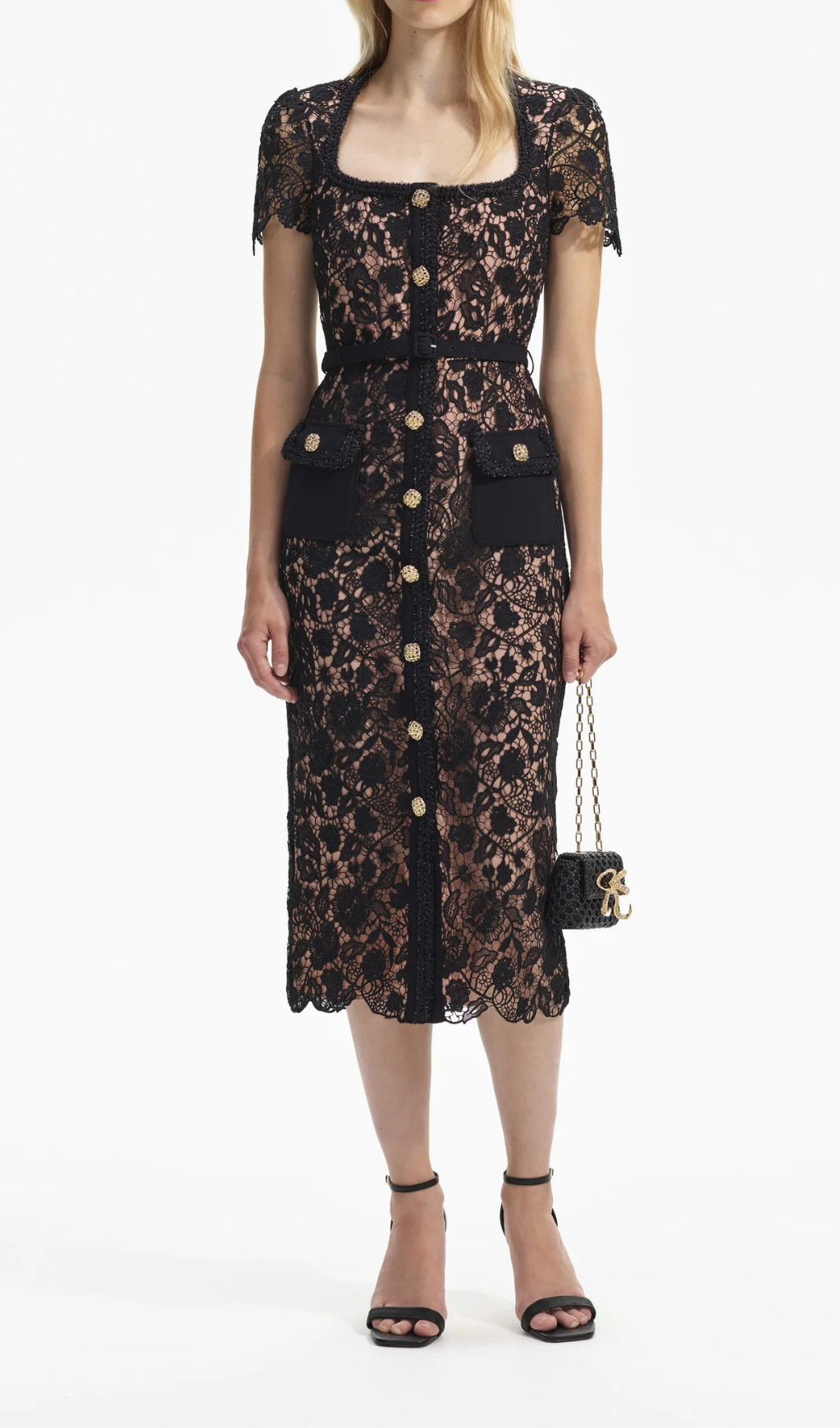 SCHWARZES MIDIKLEID AUS GUIPURE-SPITZE MIT KURZEN ÄRMELN
