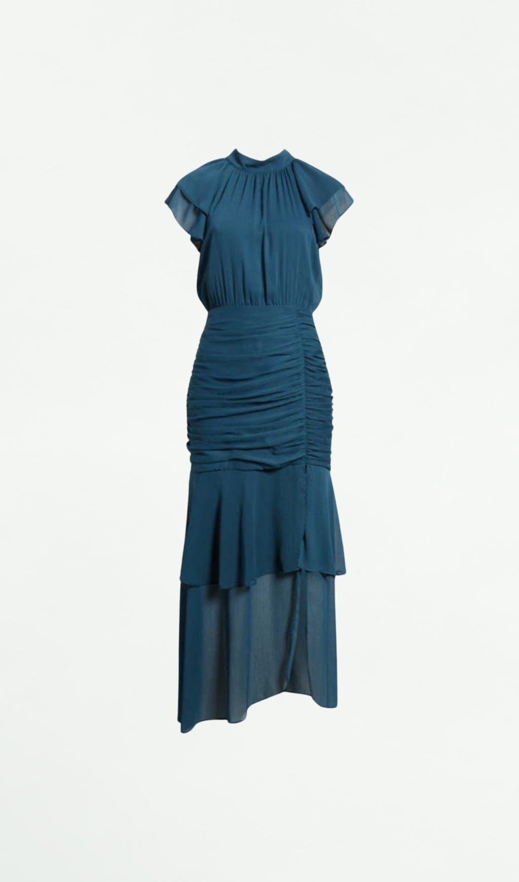 RUCHED RUFFLE CHIFFON MAXI DRESS IN TEAL