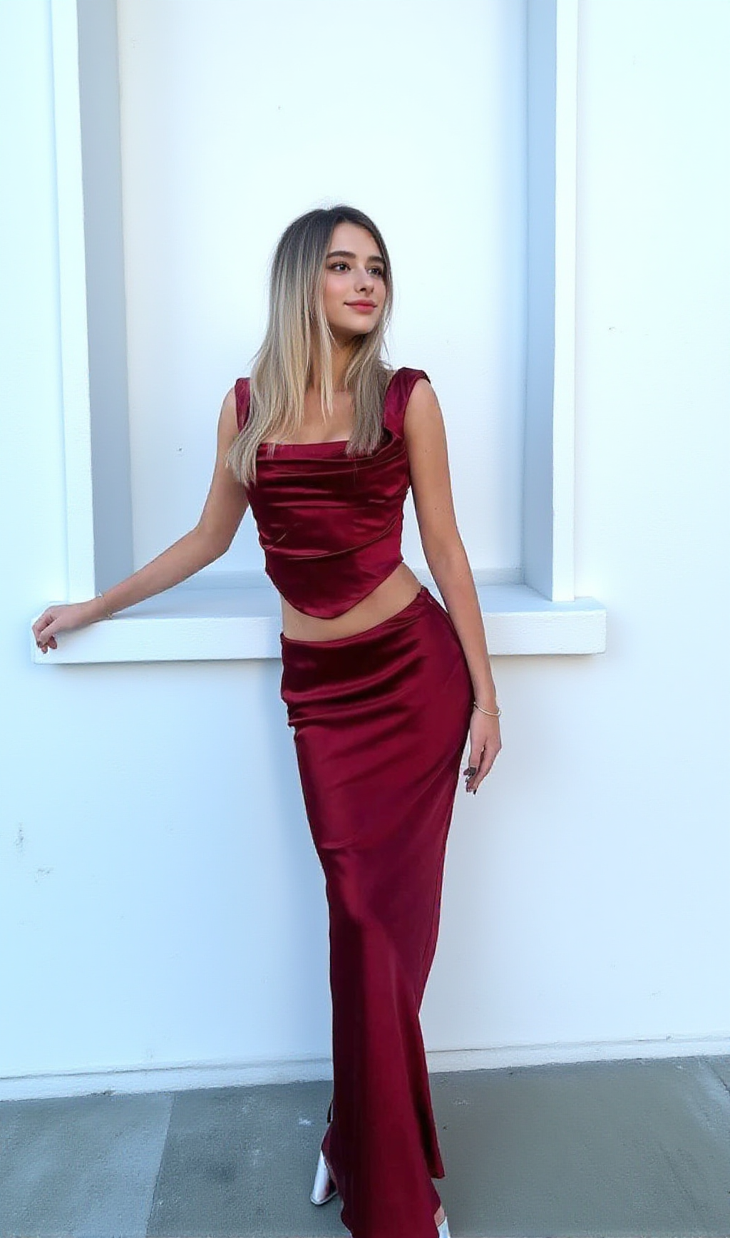 DRAPED CORSET TWO PIECE MAXI DRESS RED