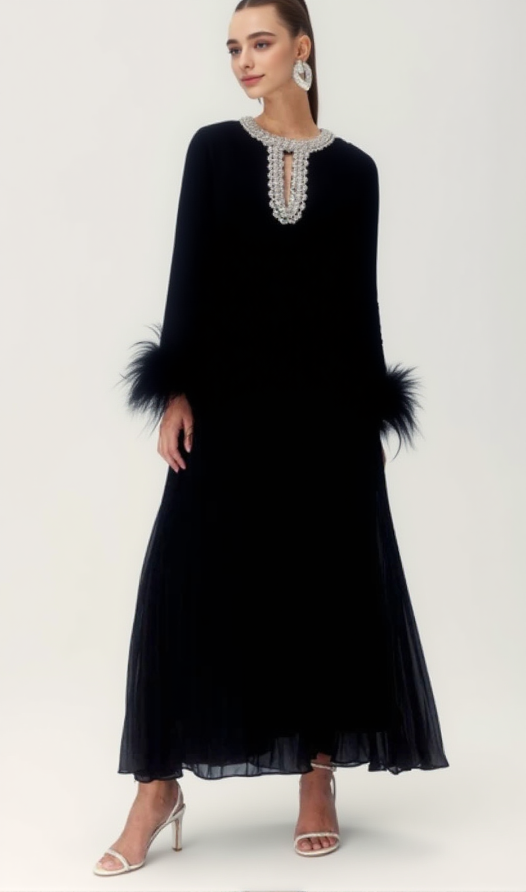 MANJA DIAMANTE CHIFFON FEATHER MAXI DRESS - BLACK