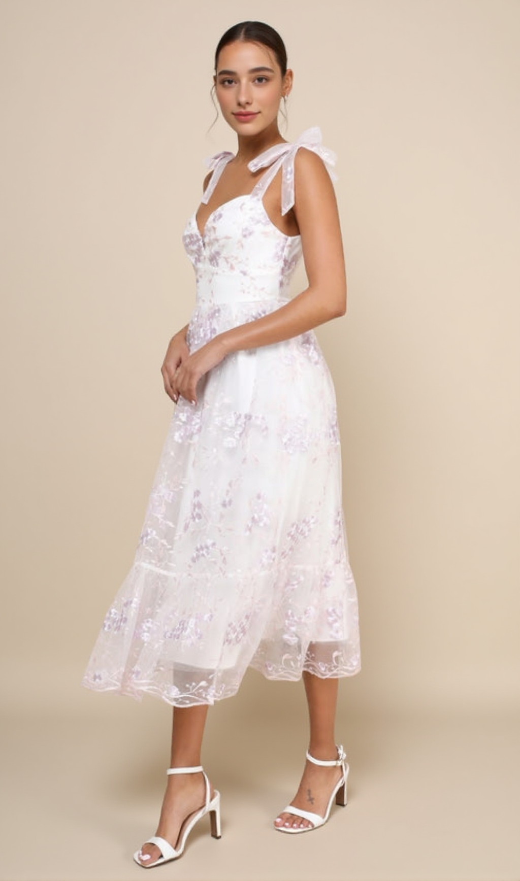 FLORAL EMBROIDERED TIE-STRAP MIDI DRESS IN WHITE
