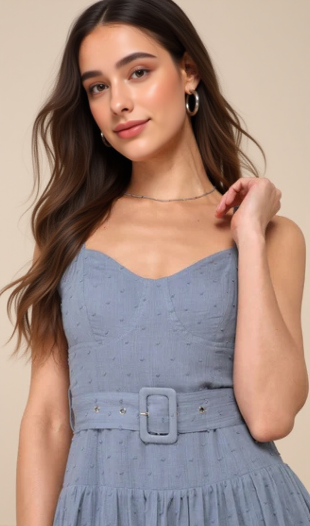 slate blue swiss dot bustier tiered midi dress