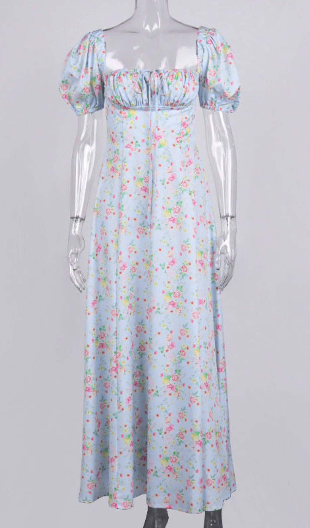 ABITO MIDI VINTAGE CON MANICHE A SBUFFO E FIORI IN BLU