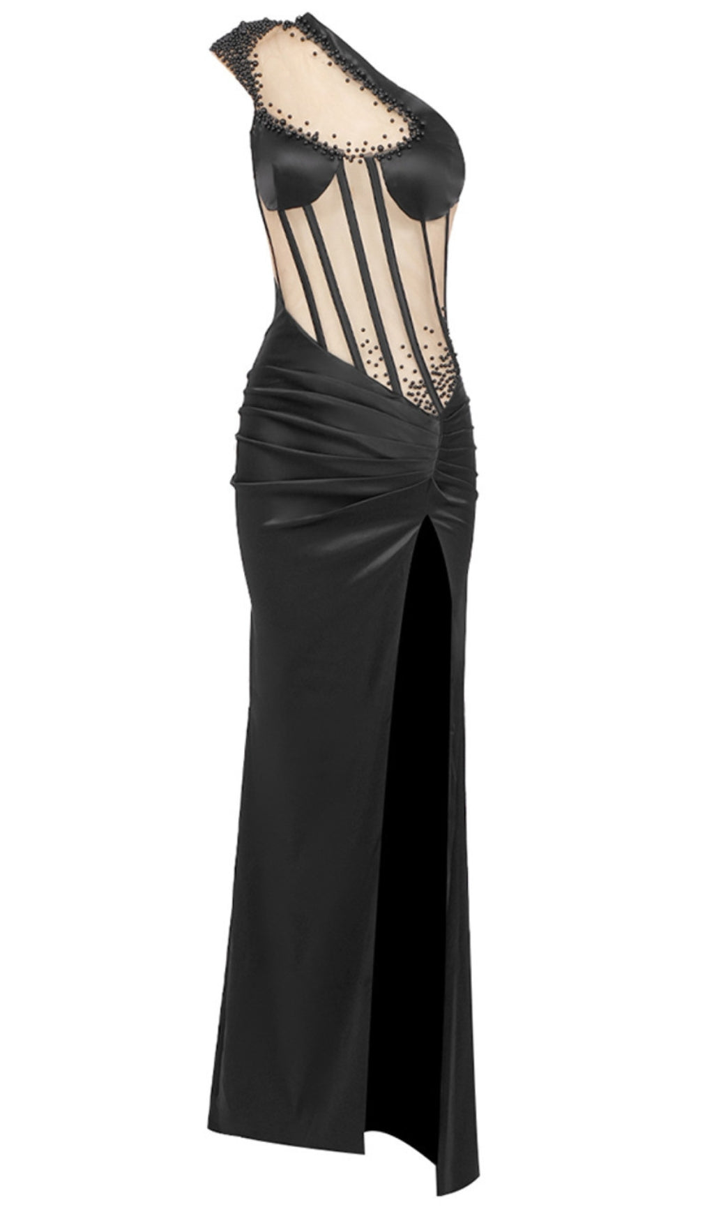 One-Shoulder-Maxikleid mit Netzeinsatz in Schwarz