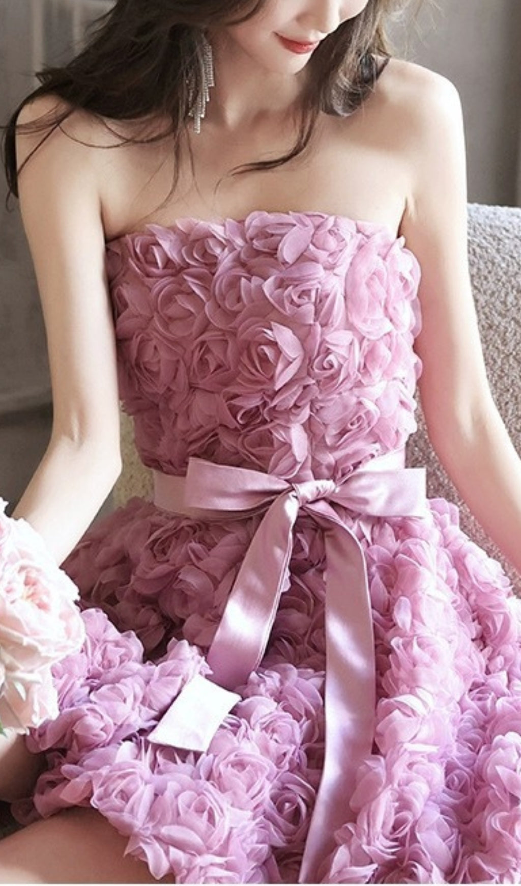 ROSE FLOWER STRAPLESS MINI DRESS