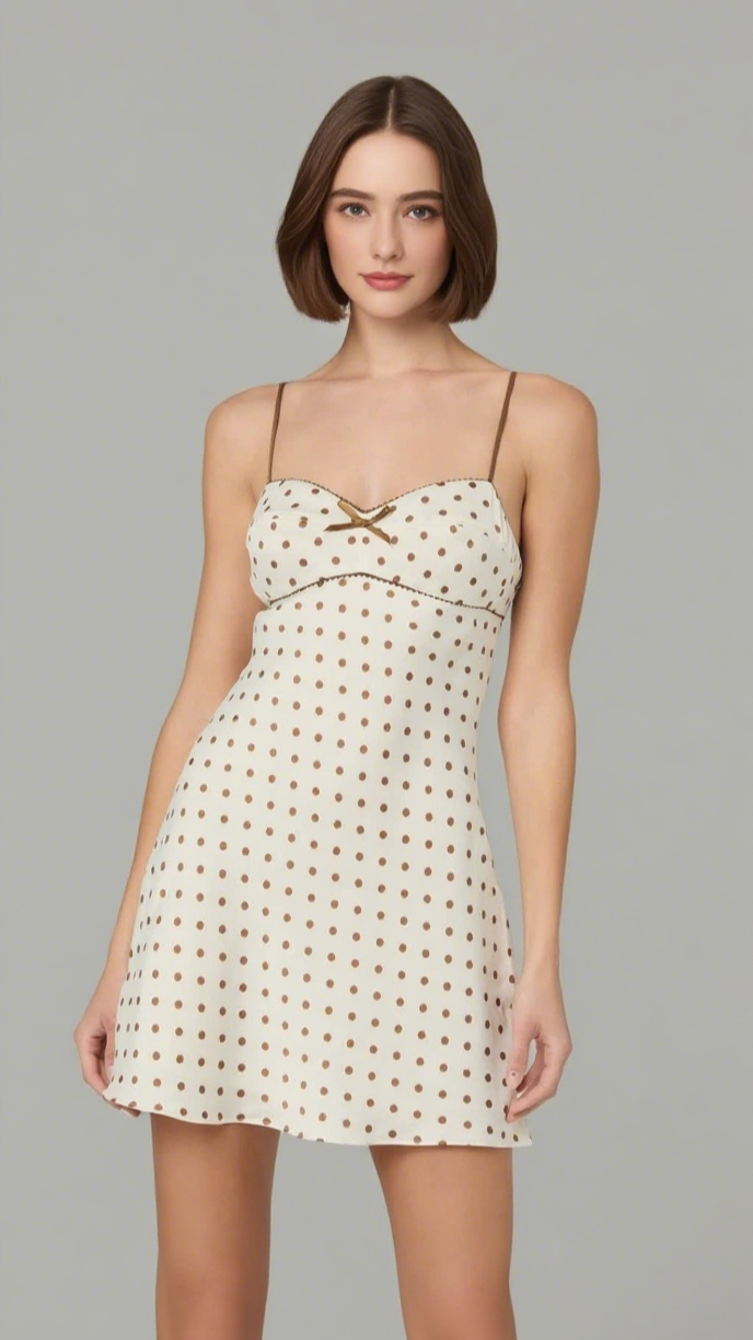 Satin-Minikleid mit Polka Dots in Elfenbein