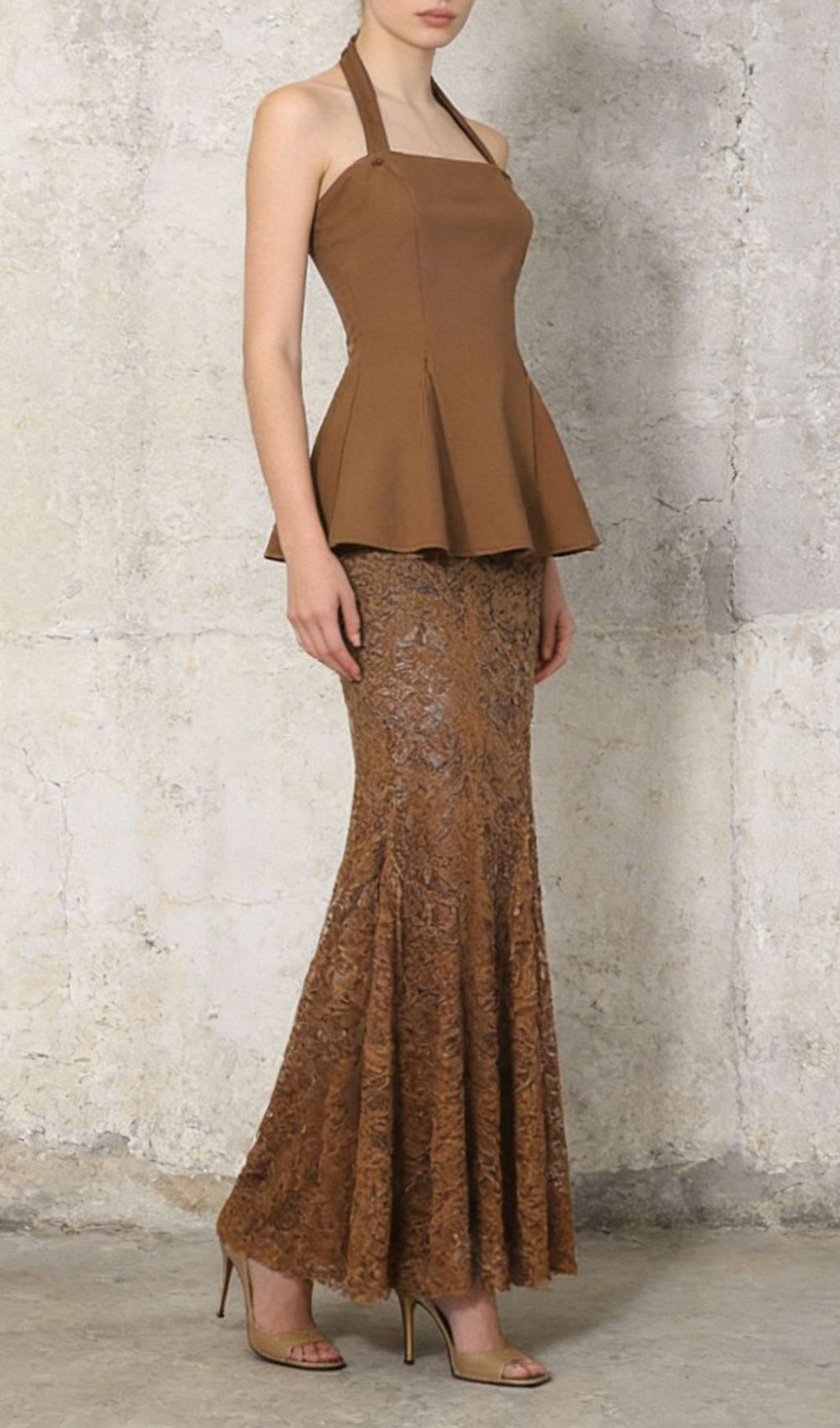 AIIZIE Janiah Elegant Halter Peplum Top & Bronze Lace Maxi Skirt Set - product image